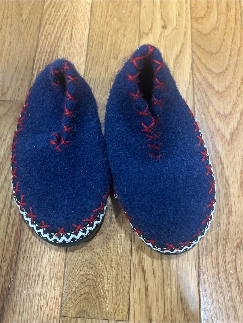 Kids Navy Blue Wool Slip-On Slippers with Red Stitching